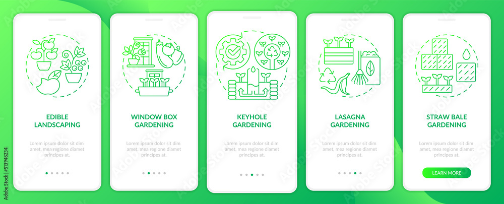 Ideas for gardeners green gradient onboarding mobile app screen. Vegetation walkthrough 5 steps graphic instructions with linear concepts. UI, UX, GUI template. Myriad Pro-Bold, Regular fonts used Ideas for gardeners green gradient onboarding mobile app screen. Vegetation walkthrough 5 steps graphic instructions with linear concepts. UI, UX, GUI template. Myriad Pro-Bold, Regular fonts used