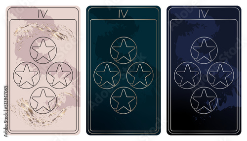 4 of Pentacles. A card of Minor arcana one line drawing tarot cards. Tarot deck. Vector linear hand drawn illustration with occult, mystical and esoteric symbols. 3 colors. Proposional to 2,75x4,75 in
