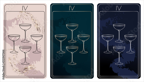 4 of Cups. A card of Minor arcana one line drawing tarot cards. Tarot deck. Vector linear hand drawn illustration with occult, mystical and esoteric symbols. 3 colors. Proposional to 2,75x4,75 in.