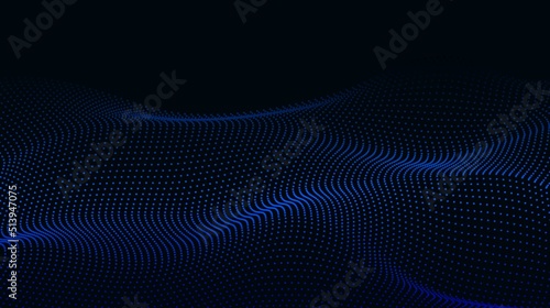 Digital abstract background with wavy surface. Shining dots particle landscape. Technology data vector concept