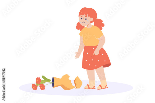 Sad girl crying over broken vase flat vector illustration. Upset child standing and looking and vase with flowers, feeling guilty and stress. Accident, trouble, problem concept