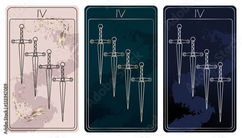 4 of Swords. A card of Minor arcana one line drawing tarot cards. Tarot deck. Vector linear hand drawn illustration with occult, mystical and esoteric symbols. 3 colors. Proposional to 2,75x4,75 in.