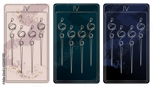 4 of Wands. A card of Minor arcana one line drawing tarot cards. Tarot deck. Vector linear hand drawn illustration with occult, mystical and esoteric symbols. 3 colors. Proposional to 2,75x4,75 in.