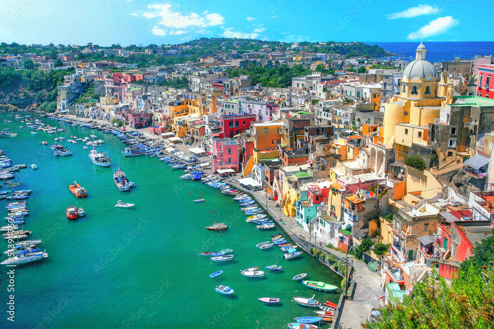 Colorful Marina Corricella, fishermen village on island of Procida. Italy