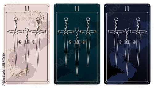 3 of Swords. A card of Minor arcana one line drawing tarot cards. Tarot deck. Vector linear hand drawn illustration with occult, mystical and esoteric symbols. 3 colors. Proposional to 2,75x4,75 in.