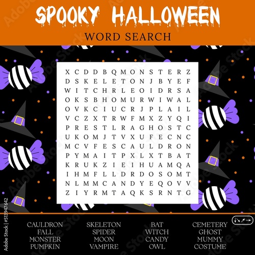 Spooky Halloween word search puzzle. October crossword game.  Worksheet for learning English words. Autumn theme. Find 16 hidden words. Suitable for social media post. 