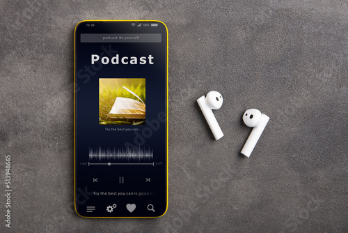 Streaming service. Listen podcast online concept, online music player app on smartphone