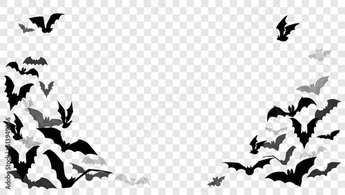 Halloween decoration element with chaotic flying flock of bats. Spooky frame with black isolated flittermouses. Vector illustration of silhouettes of vampires with different opacity