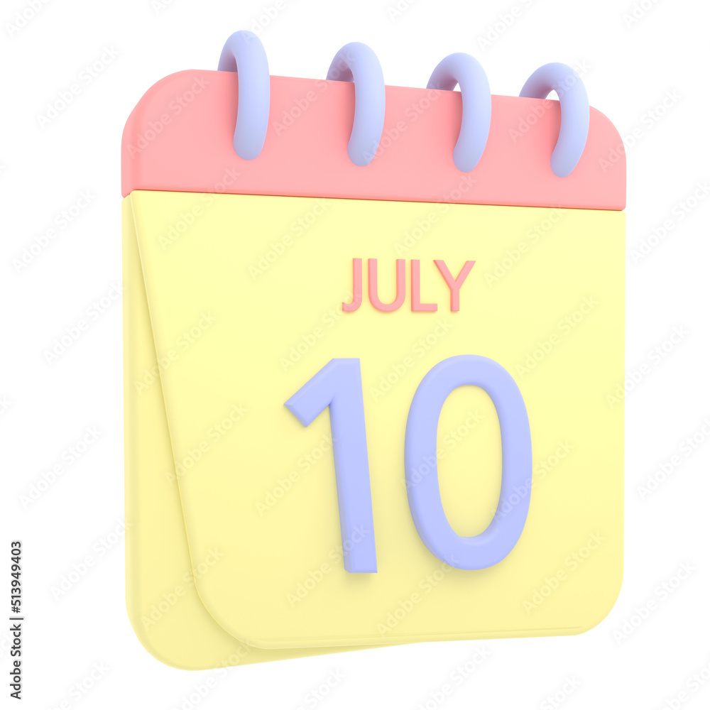 10th July 3D calendar icon. Web style. High resolution image. White background 10th July 3D calendar icon. Web style. High resolution image. White background