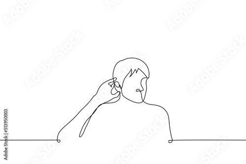 man standing with palm to ear - one line drawing vector. concept listen for noise or poor hearing