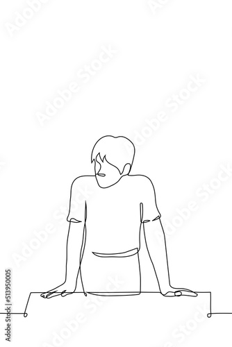 man, stands, leaning, palms, hands, table, lean, one line drawing vector, concept, thinks, expectations, observes