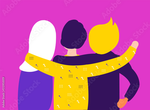Flat illustration about inclusive and diversified friends without any boundaries. Back side of teenagers are seen, each of them put hand on each others shoulder. 