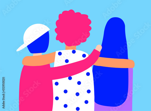 Flat illustration about diverse friendship without boundaries. Back side of teenagers are seen, each of them put hand on each others shoulder. 