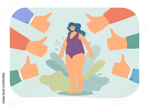 Sad fat girl surrounding by thumbs up flat vector illustration. Acceptance, confidence, love, feminism, obesity concept for banner, website design or landing web page