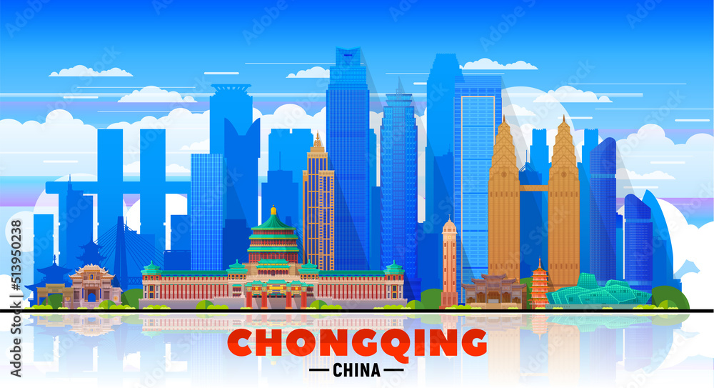 Obraz premium Chongqing China skyline with panorama on sky background. Vector Illustration. Business travel and tourism concept with modern buildings. Image for banner or web site.