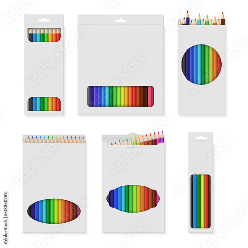 Cardboard boxes with multicolored pencils set realistic vector illustration. Stationery package