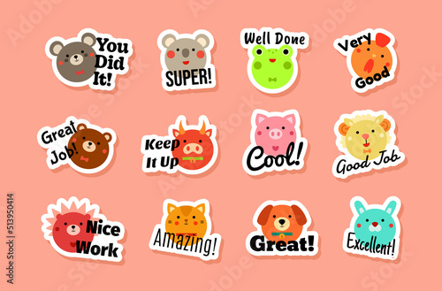 Grades for children funny sticker with animal characters and motivational quote set vector