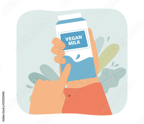 Carton of vegan milk in human hands flat vector illustration. Coconut, banana, soybean, hazelnut, oat, almond, rice, plant-based milk. Vegan diet concept for banner, website design or landing web page