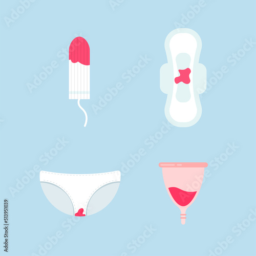 Set of feminine hygiene products. Menstruation days. Sanitary pads, tampons, menstrual cup, pants. Vector illustration in trendy flat style isolated on blue background.
