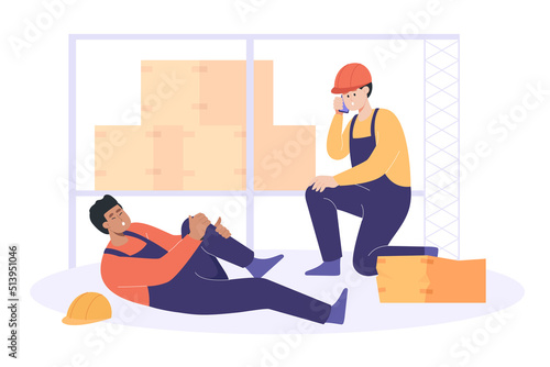 Worker lying on floor with injured leg flat vector illustration. Scared friend sitting on floor and calling ambulance. Accident in warehouse. Factory, danger, rescue, safety concept
