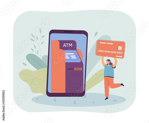 Girl with credit card and phone with ATM on screen. Person paying using mobile banking app flat vector illustration. Money, online payment concept for banner, website design or landing web page