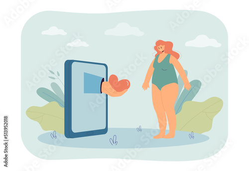 Huge hand giving heart to sad fat girl flat vector illustration. Upset woman getting approval of society. Obesity, feminism, positivity concept for banner, website design or landing web page