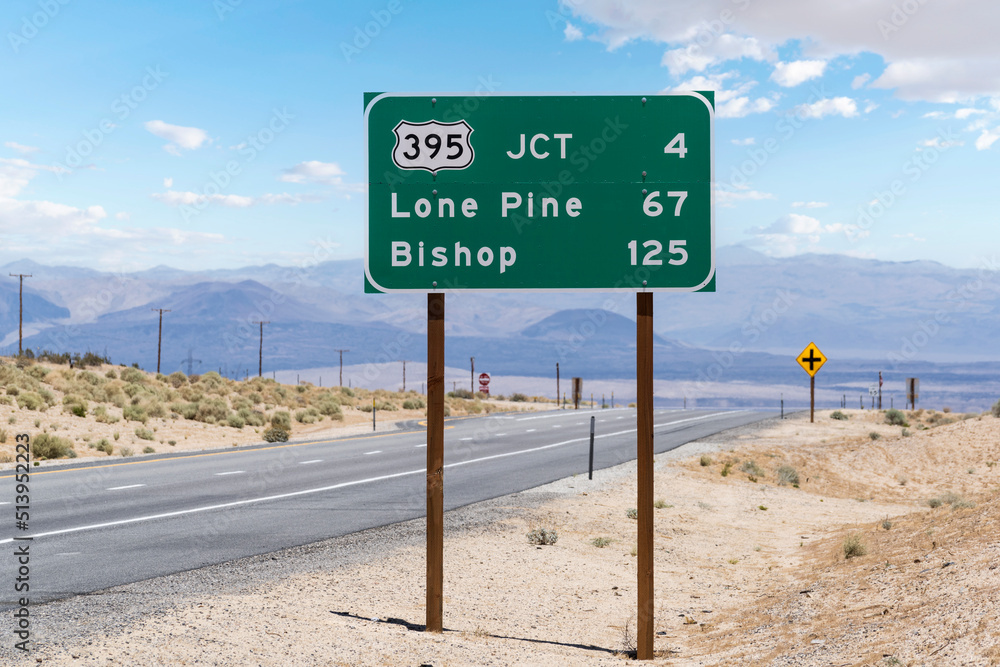 Route 395 to Lone Pine and Bishop highway sign on Route 14 near Mojave in Southern California.  