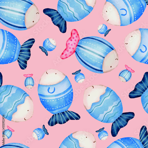 Blue Fishes Seamless pattern with pink Background © Ama