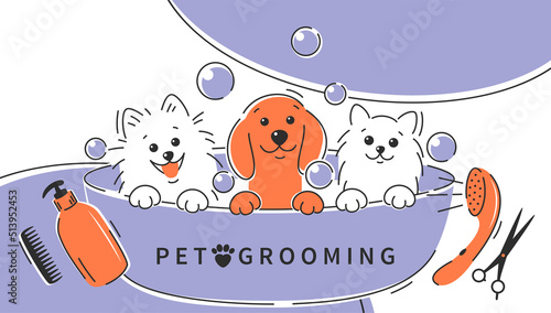 Pet grooming. Cartoon dogs and cat taking a bath full of soapy suds. Animal hair grooming, haircuts, bathing, hygiene. Vector illustration