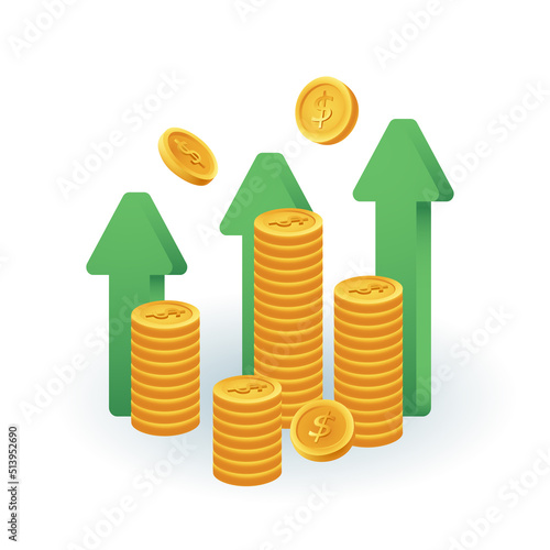 Arrows for faster growth in profits and currency costs 3D icon. Online financial chart and coins 3D vector illustration on white background. Forex, stock market, exchange and selling money concept