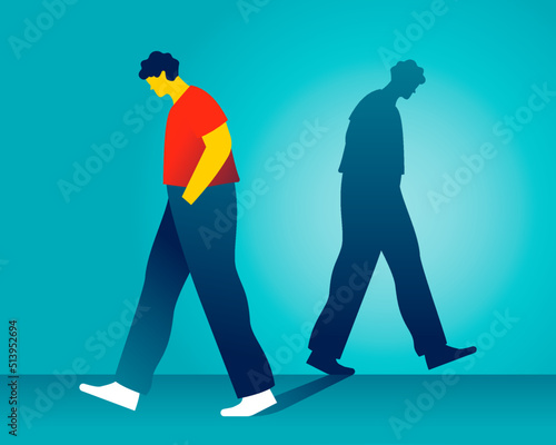 The direction of the walking man's shadow is in reverse. Metaphor bipolar disorder mind mental. Split personality. Concept mood disorder. Mental health. Dual personality concept. Vector illustration