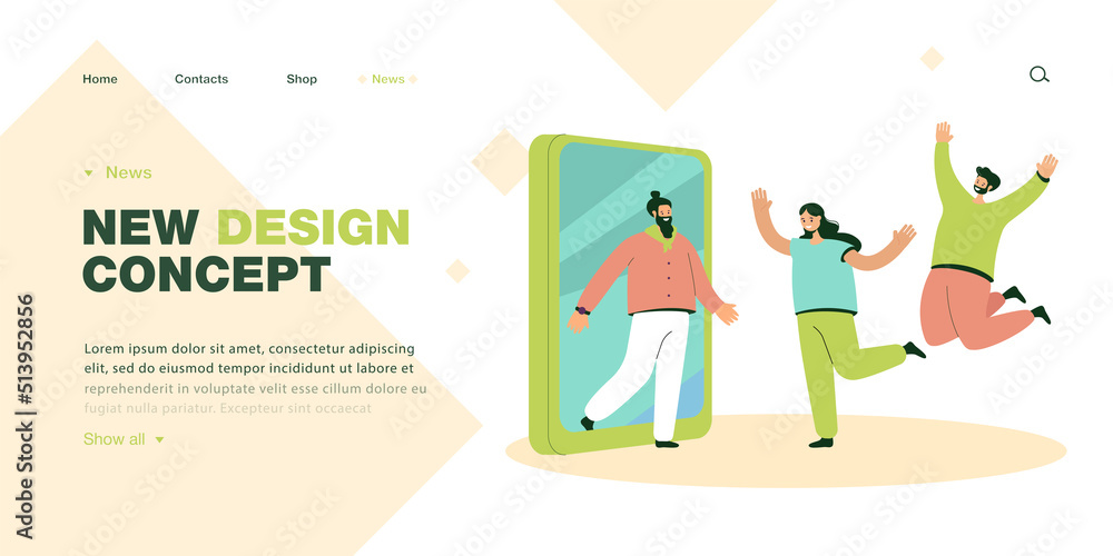 People happy to see man going out of smartphone. Friends spending time together flat vector illustration. Friendship and social networks addiction concept for banner, website design, landing web page