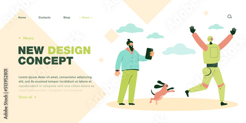 Robot running away from man and dog in fear. Puppy chasing crazy android flat vector illustration. Artificial intelligence, tech error, mistake concept for banner, website design or landing web page