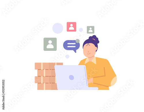 e-commerce admin, customer service. a female staff serves and responds to chats and complaints from customers or buyers. online store. profession and work. flat cartoon illustration. concept design