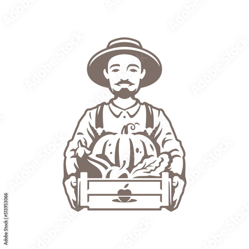 Italian agricultural man wooden box organic harvest autumn seasonal vegetables vintage icon vector
