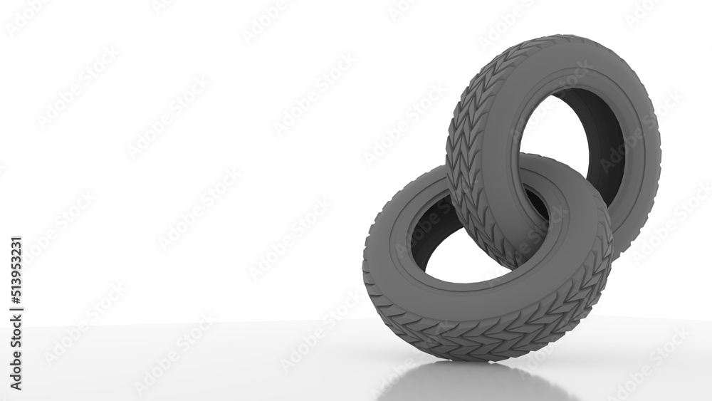two linked automobile tires, 3d illustration isolated on white background, copy space for advertisement two linked automobile tires, 3d illustration isolated on white background, copy space for advertisement