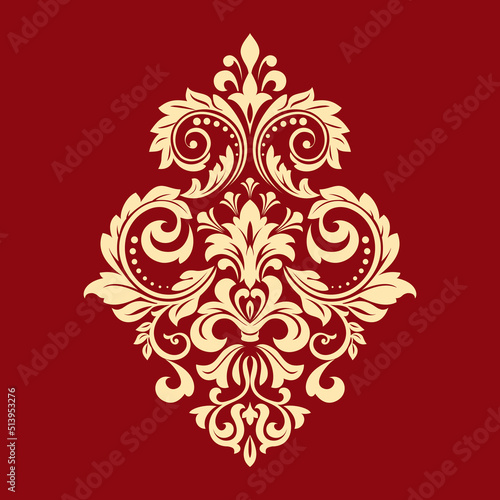 Damask graphic ornament. Floral design element. Gold and red vector pattern