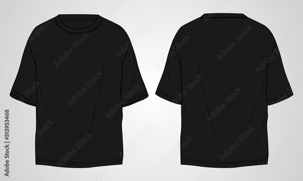 T-shirt technical Sketch fashion Flat Template With Round neckline, elbow sleeves, oversized, tunic length Cotton jersey. Vector illustration basic apparel design black color mock up template. - obrazy, fototapety, plakaty 