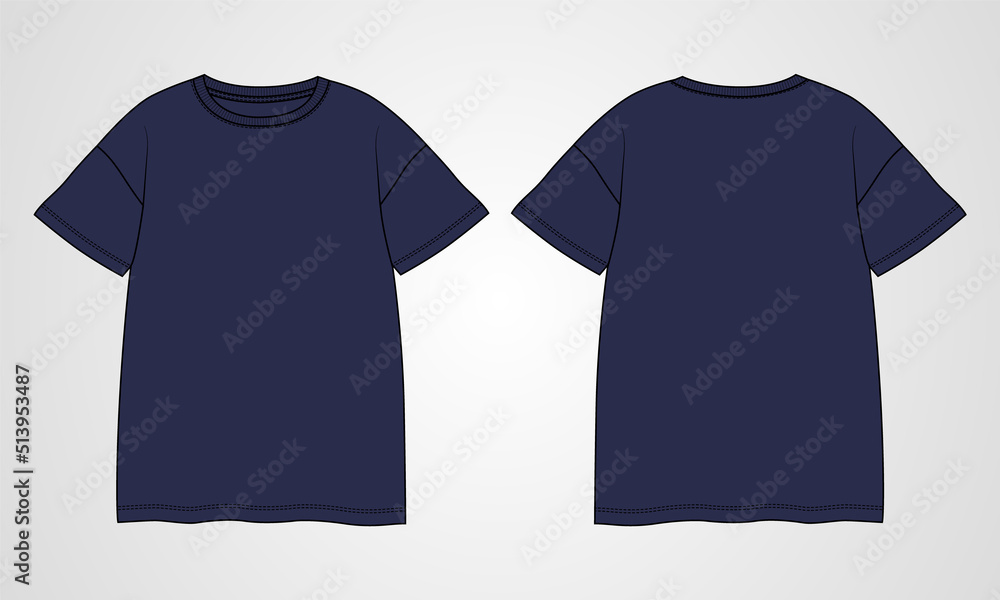 Regular fit Short sleeve T-shirt technical Sketch fashion Flat Template With Round neckline Front and back view. Clothing Art Drawing Vector illustration basic apparel design Navy color Mock up.