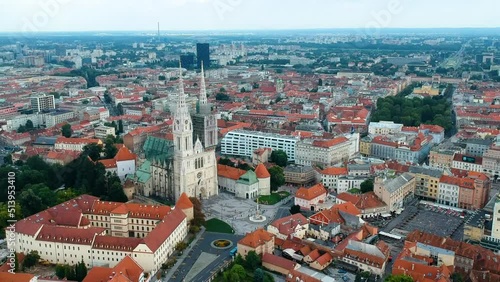 Panorama Of The Zagreb City And Assumption of Mary Cathedral At Daytime In Croatia. - aerial photo