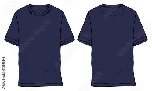 Short sleeve t shirt Technical fashion flat sketch vector illustration Navy Color template front and back views for men's and boys. Flat style Apparel Design Mock up Cad. 