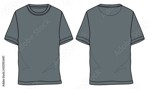 Short sleeve t shirt Technical fashion flat sketch vector illustration Grey Color template front and back views for men's and boys. Flat style Apparel Design Mock up Cad. 