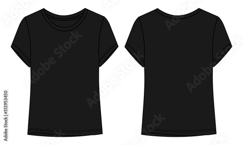 Short sleeve T-shirt Technical fashion flat sketch vector illustration black color template for Women's and Girls. Vector art illustration Clothing mock up front, back view. Easy Edit customizable