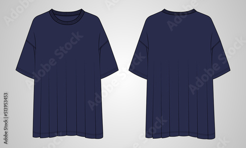 Oversize dress design tops technical fashion flat sketch vector illustration Navy color template for ladies