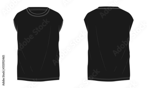 Oversize sleeveless gym t shirt tops technical fashion flat sketch vector illustration black color template for mens. Apparel design mock up cad 