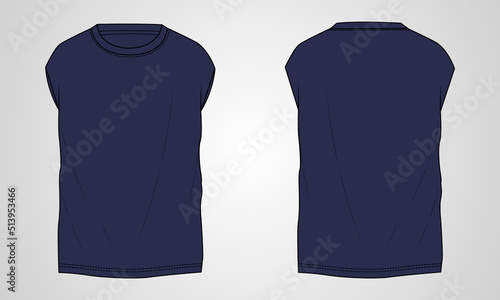 Oversize sleeveless gym t shirt tops technical fashion flat sketch vector illustration Navy color template for mens. Apparel design mock up cad 