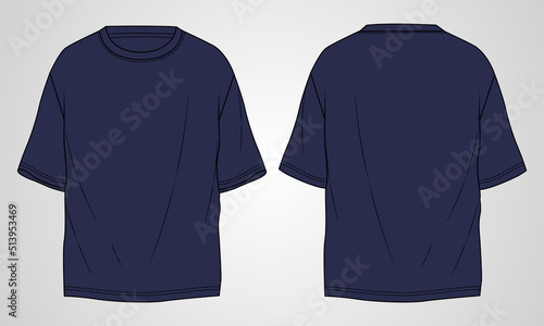 T-shirt technical Sketch fashion Flat Template With Round neckline, elbow sleeves, oversized, tunic length Cotton jersey. Vector illustration basic apparel design navy color mock up template.