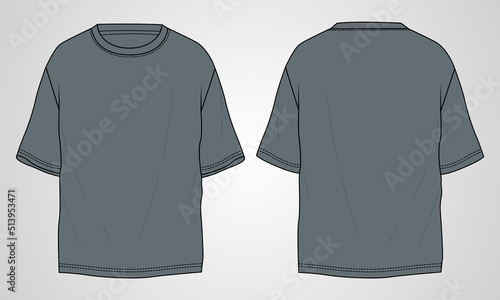 T-shirt technical Sketch fashion Flat Template With Round neckline, elbow sleeves, oversized, tunic length Cotton jersey. Vector illustration basic apparel design grey color mock up template.