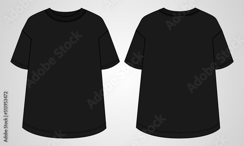 Short sleeve T-shirt Technical fashion flat sketch vector illustration black color template for Women's and Girls. Vector art illustration Clothing mock up front, back view. Easy Edit customizable