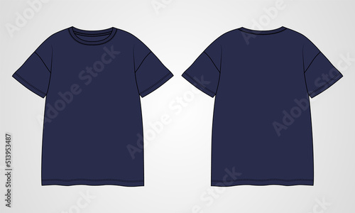 Regular fit Short sleeve T-shirt technical Sketch fashion Flat Template With Round neckline Front and back view. Clothing Art Drawing Vector illustration basic apparel design Navy color Mock up.
